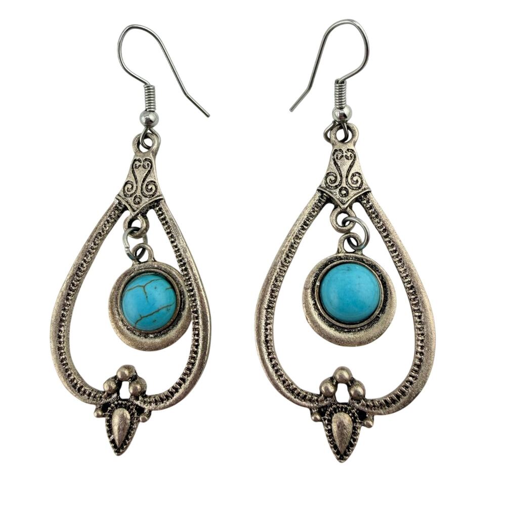 Sunnyouth Boho Southwest Style Faux Turquoise Teardrop Silver Tone 2.5" Earrings